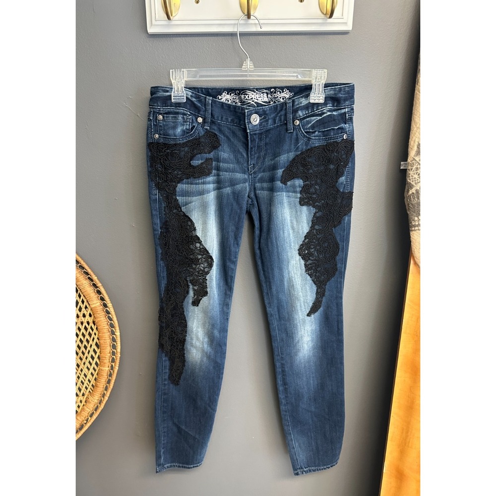 Express Jeans Womens Size 8 Skinny Zelda Blk Lace Slim Fit Low Rise Blue‎ Jeans